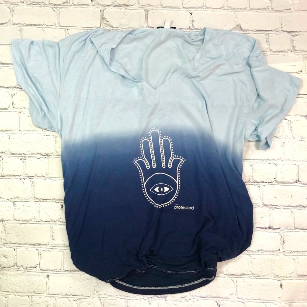 Peace Love World I Am Protected Ombre Evil Eye Hamsa Hand Tee Sz S